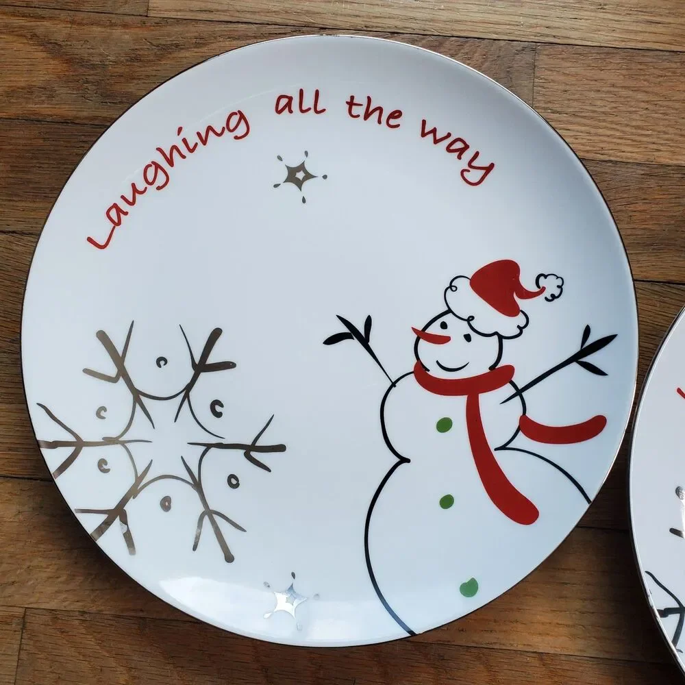 Snowman plates laughing all the way snowflake winter Christmas set of two